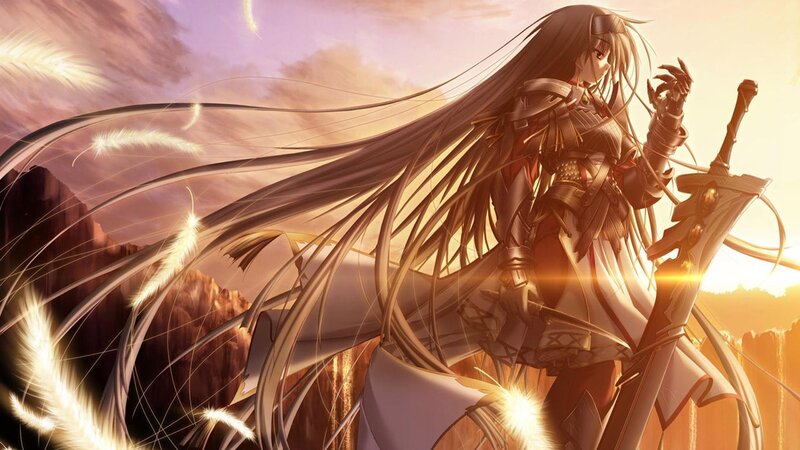 Female Warrior with Long Hair — Gold, Dramatic, Sunset, Anime, Sword, Armor, Feathers
