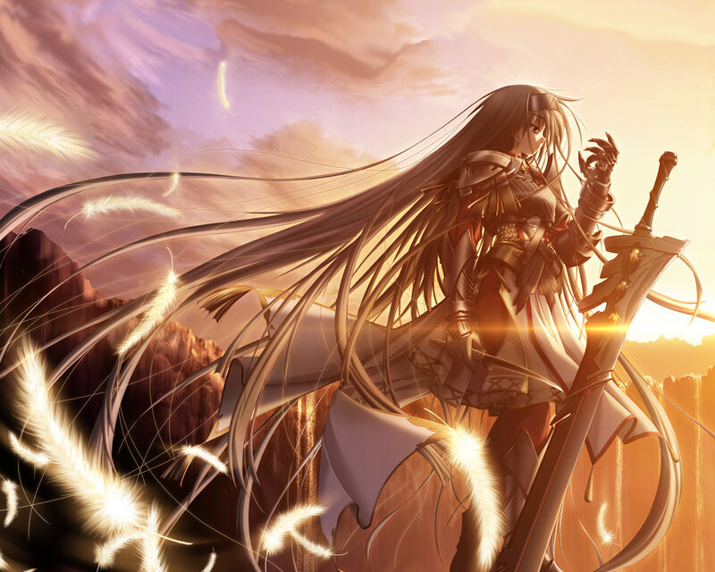 Female Warrior with Long Hair — Gold, Dramatic, Sunset, Anime, Sword, Feathers, Mountains