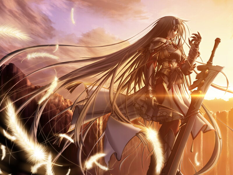Female Warrior with Long Hair — Gold, Dramatic, Sunset, Anime