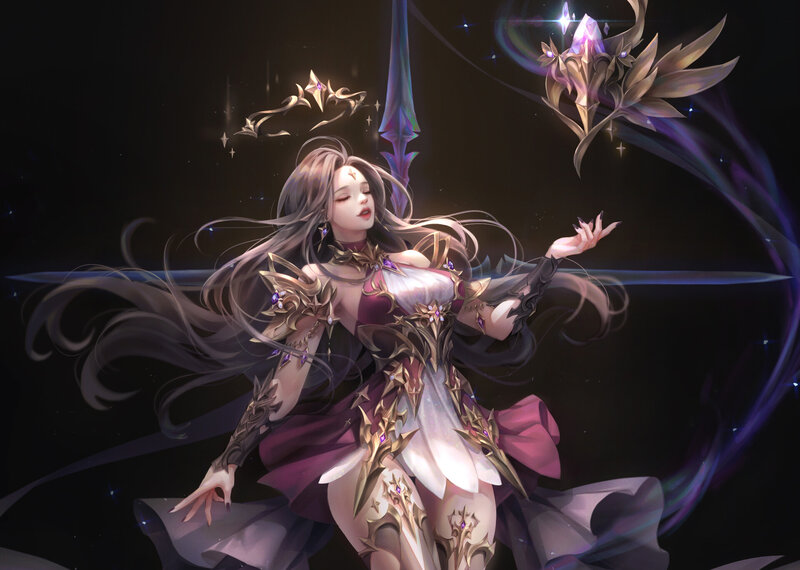 Female Warrior with Long Hair — Purple, Dramatic, Night, Digital Art, Sword