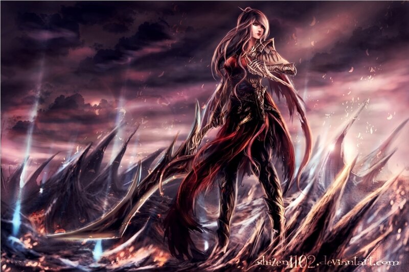 Female Warrior with Long Hair — Purple, Dramatic, Night