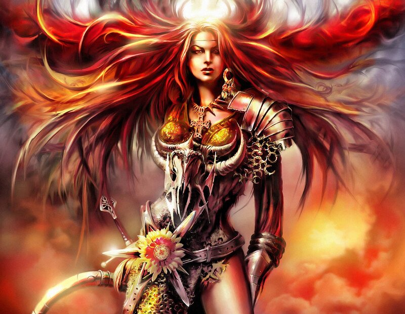 Female Warrior with Long Hair — Red