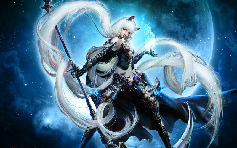 Female Warrior with Long White Hair — Blue