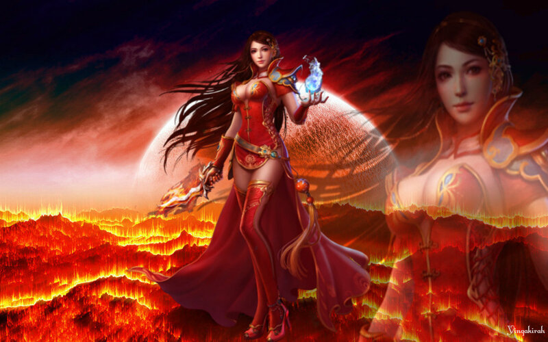 Female Warrior with Magic — Red, Dramatic