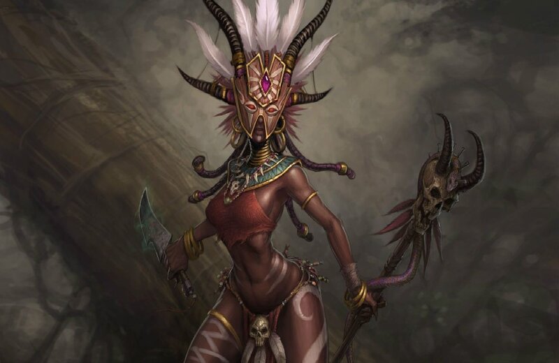 Female Warrior with Mask — Brown, Dramatic