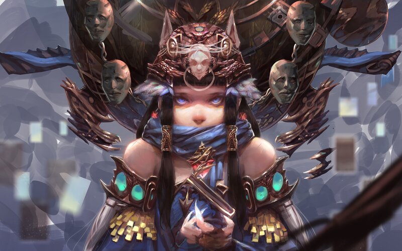 Female Warrior with Masks