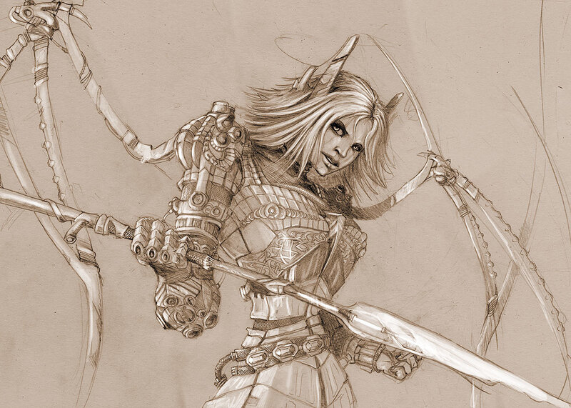 female warrior with mechanical arms