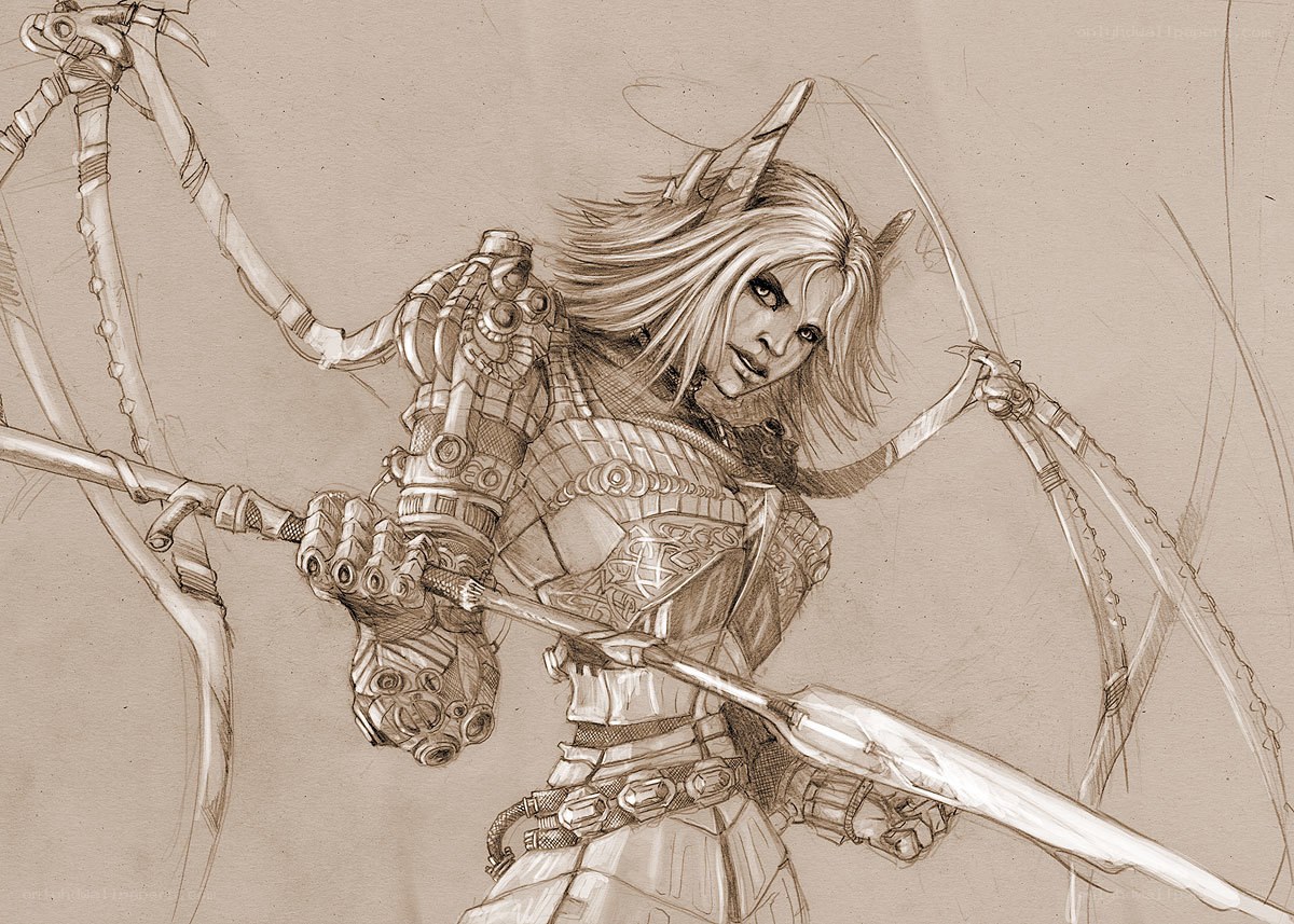 female warrior with mechanical arms