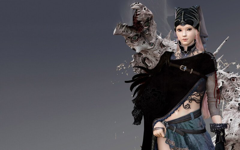 Female Warrior with Monster — Black, Dark, Dramatic