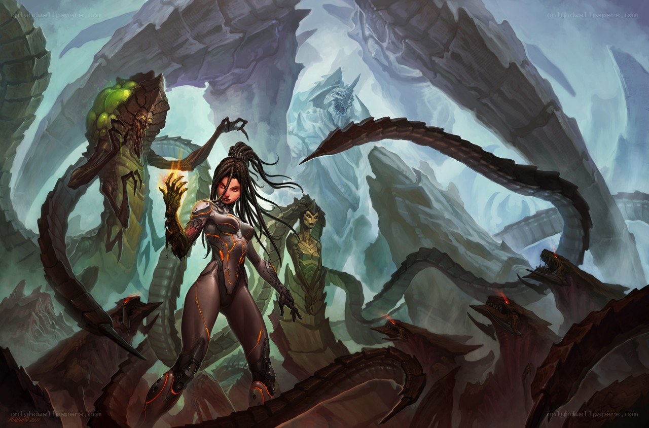 female warrior with monsters