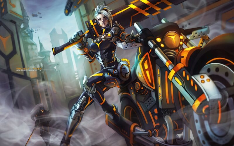 Female Warrior with Motorcycle — Black, Dramatic