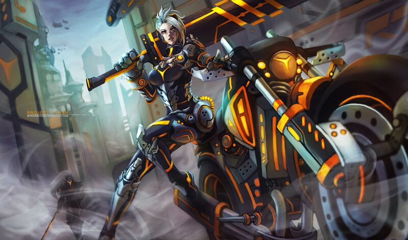 Female Warrior with Motorcycle — Black