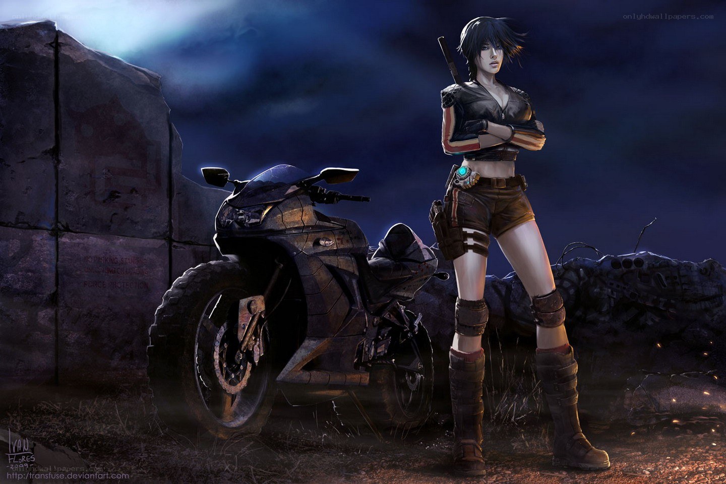 female warrior with motorcycle