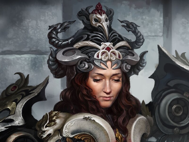 female warrior with ornate helmet