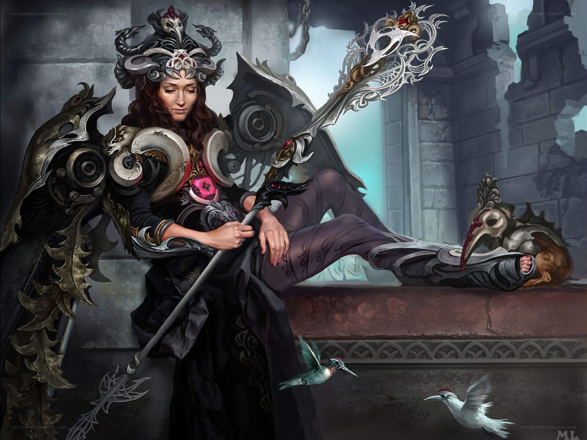 female warrior with ornate staff