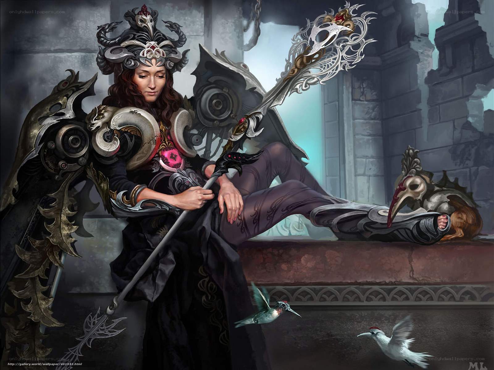 female warrior with ornate staff