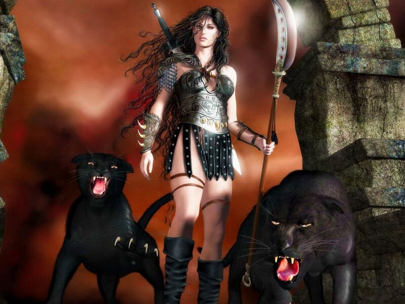 Female Warrior with Panthers — Black