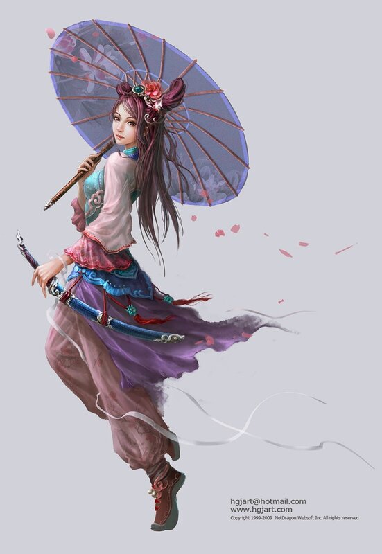female warrior with parasol