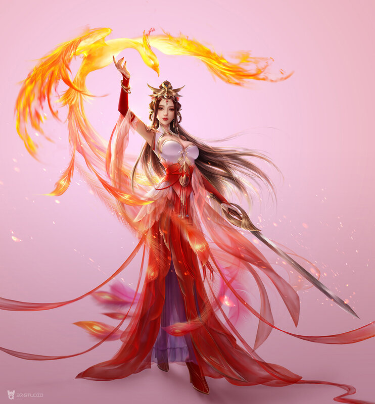 Female Warrior with Phoenix — Red
