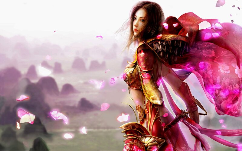 Female Warrior with Pink Cape — Dramatic, Digital Art, Armor, Petals