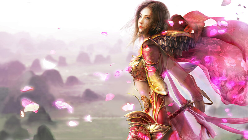 Female Warrior with Pink Cape — Serene, Digital Art, Armor