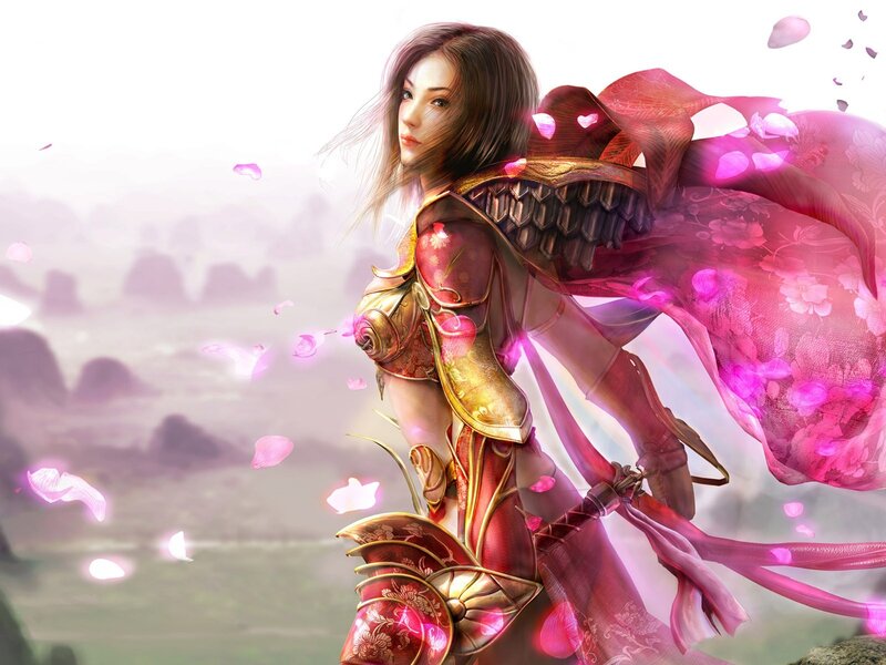 female warrior with pink petals