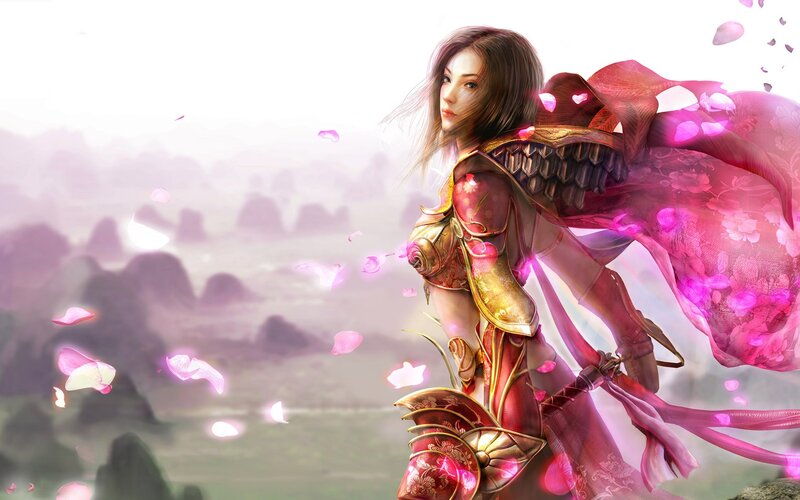 female warrior with pink petals