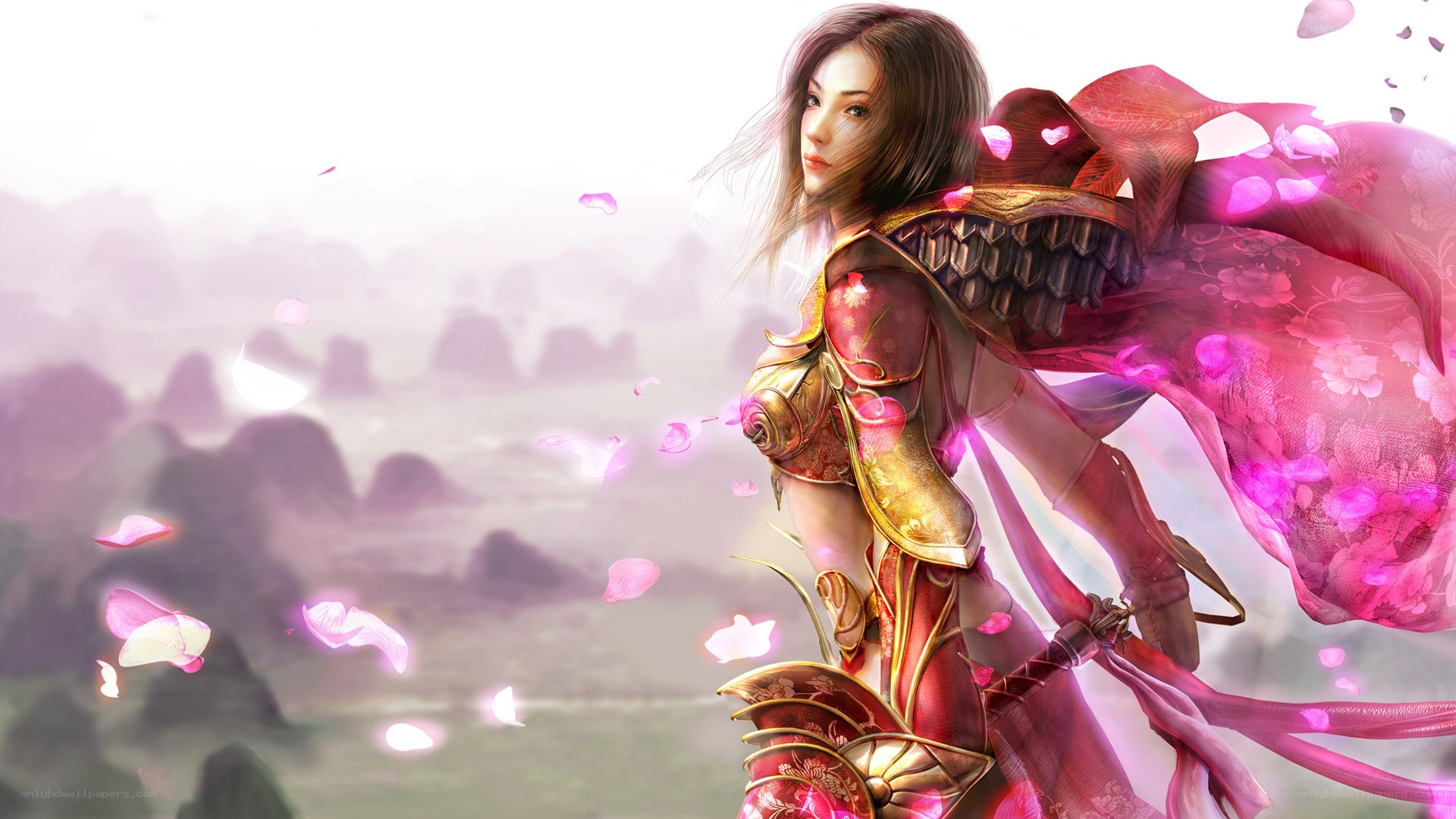 female warrior with pink petals