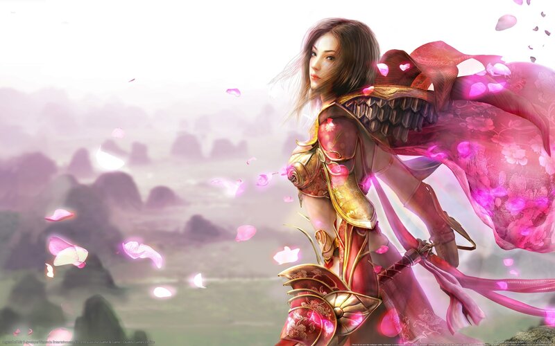Female Warrior with Pink Scarf — Serene, Digital Art, Armor, Petals