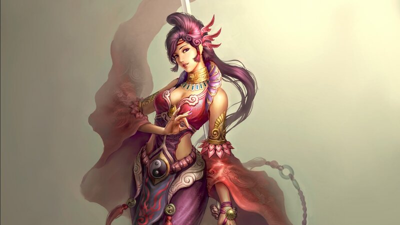 Female Warrior with Purple Hair — Dramatic, Digital Art, Sword, Ornate Armor