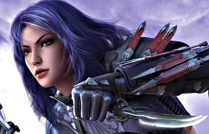 Female Warrior with Purple Hair — Dramatic, Digital Art, Sword