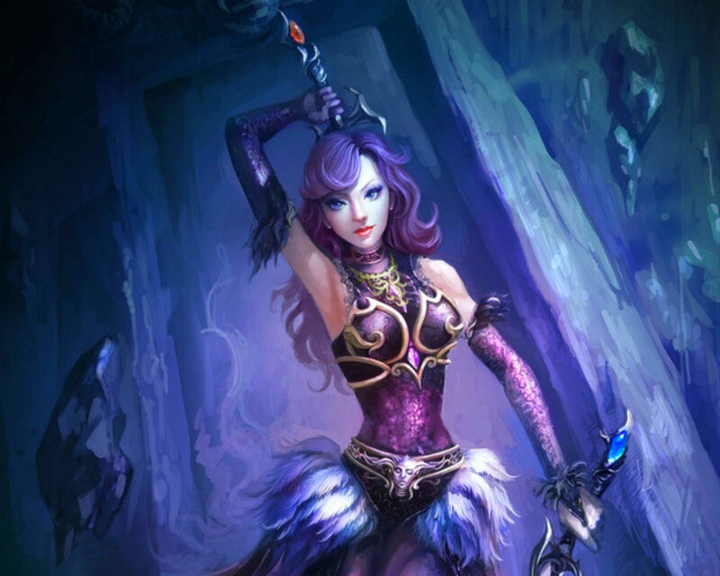 Female Warrior with Purple Hair — Dramatic, Night