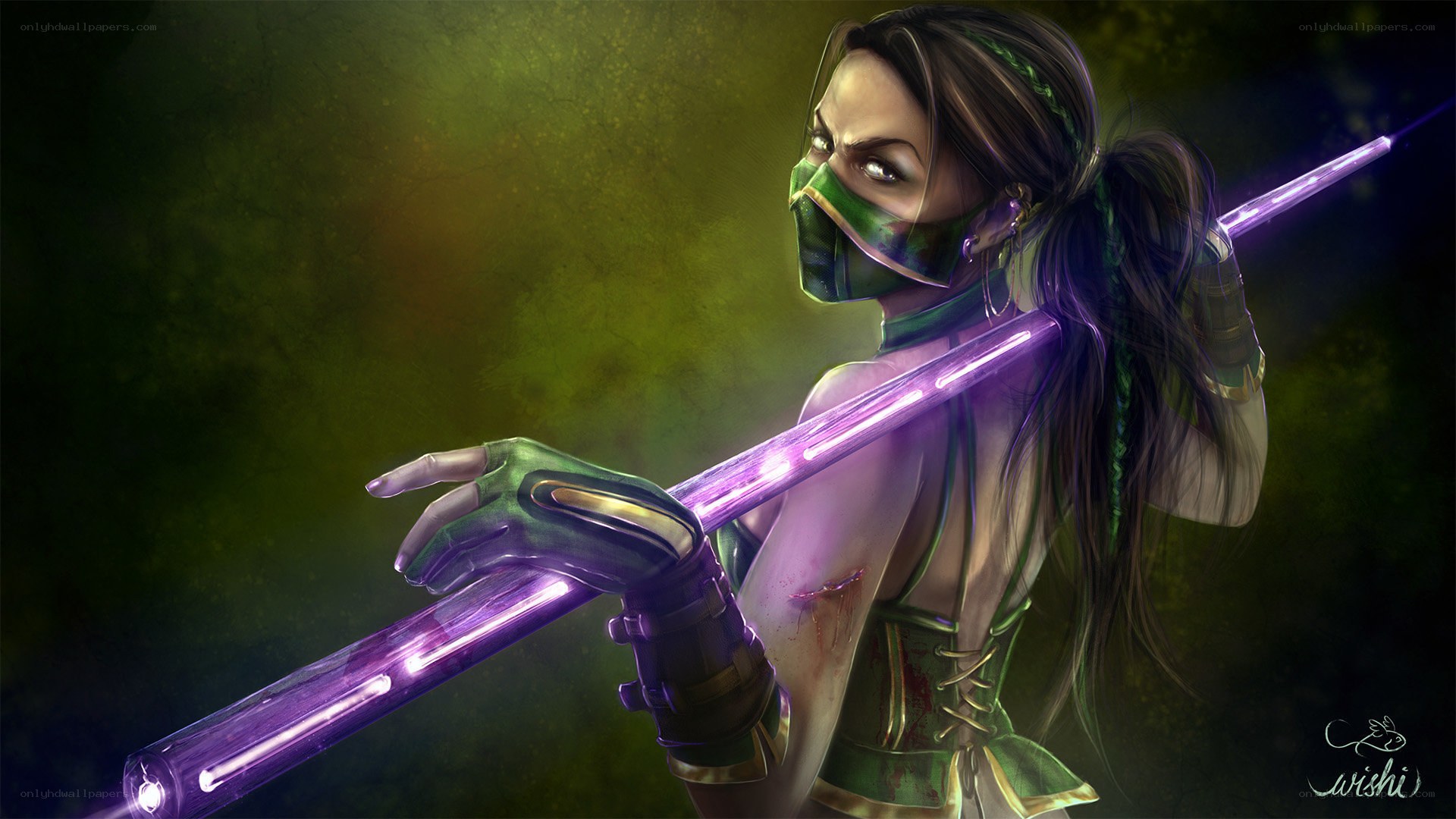 female warrior with purple staff
