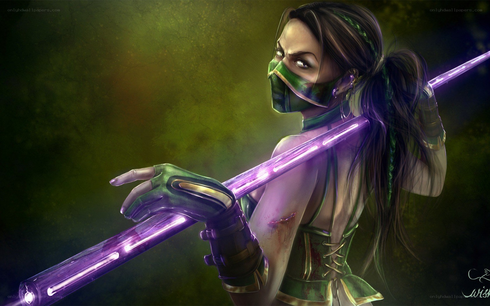 female warrior with purple staff