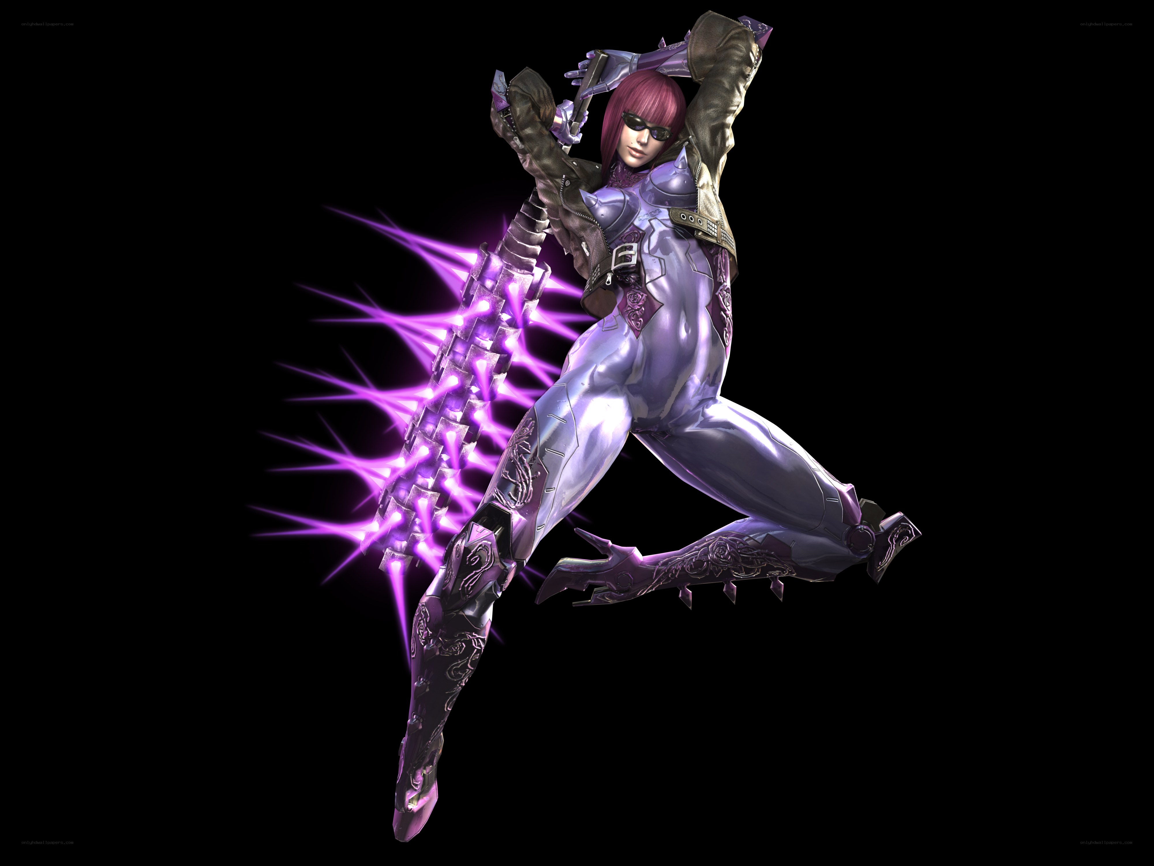 female warrior with purple weapon