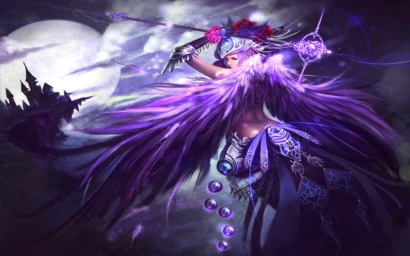 Female Warrior with Purple Wings — Dramatic, Night, Digital Art, Castle