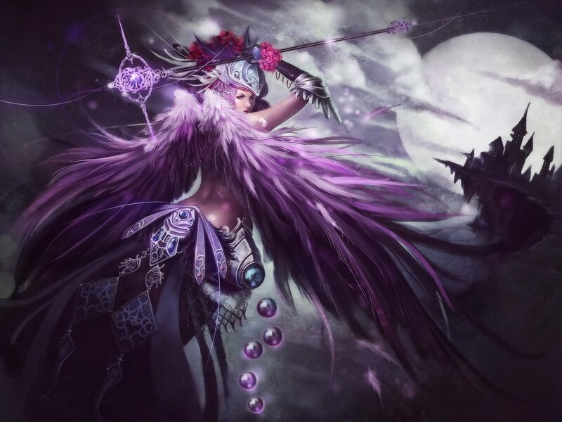 Female Warrior with Purple Wings — Dramatic, Night, Digital Art, Sword, Moon