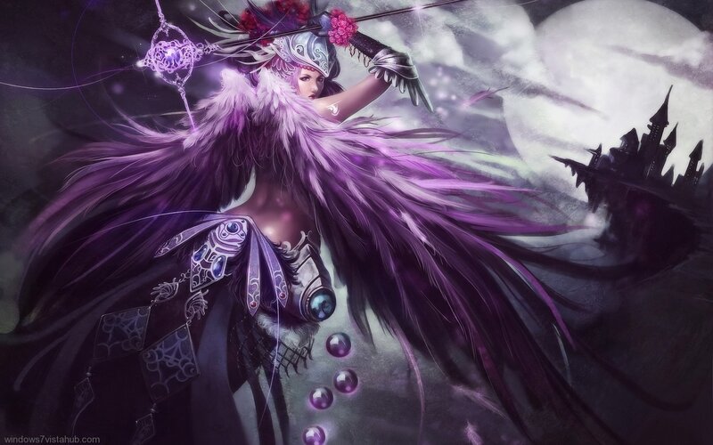 Female Warrior with Purple Wings — Dramatic, Night, Digital Art, Sword