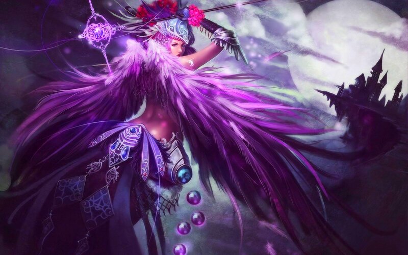 Female Warrior with Purple Wings — Dramatic, Night, Digital Art