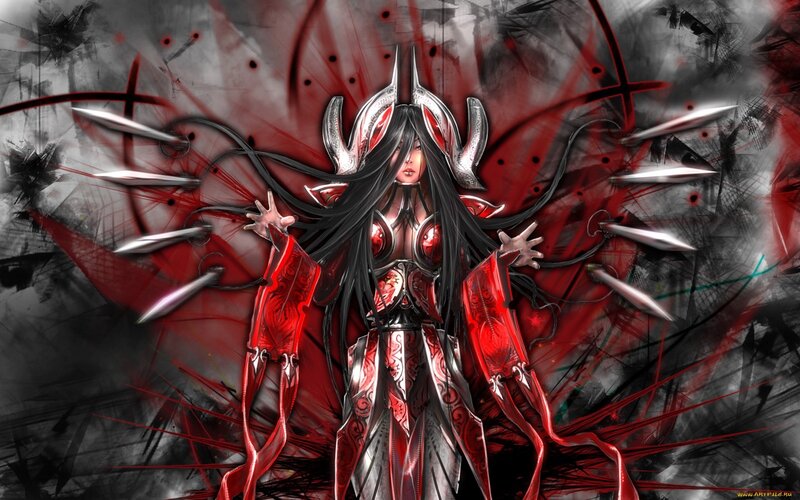 female warrior with red armor