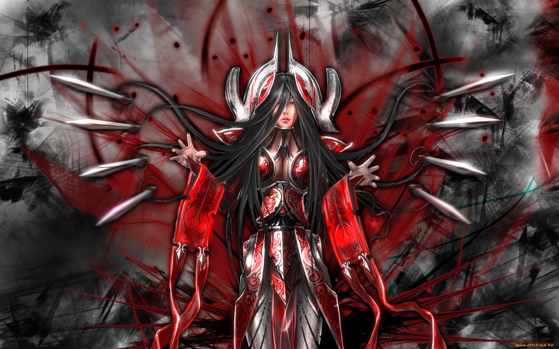 female warrior with red armor