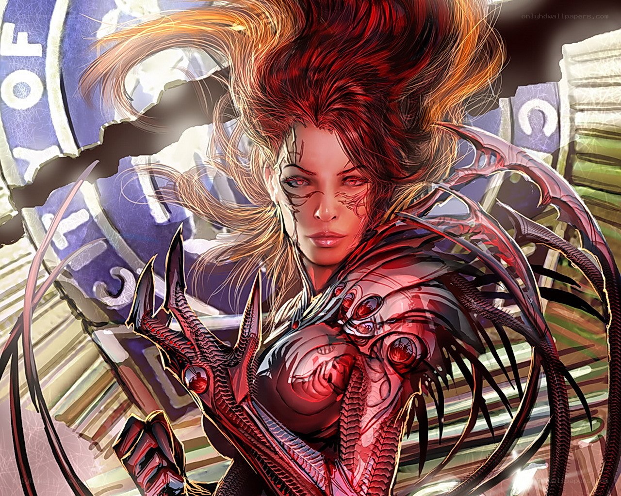 female warrior with red armor
