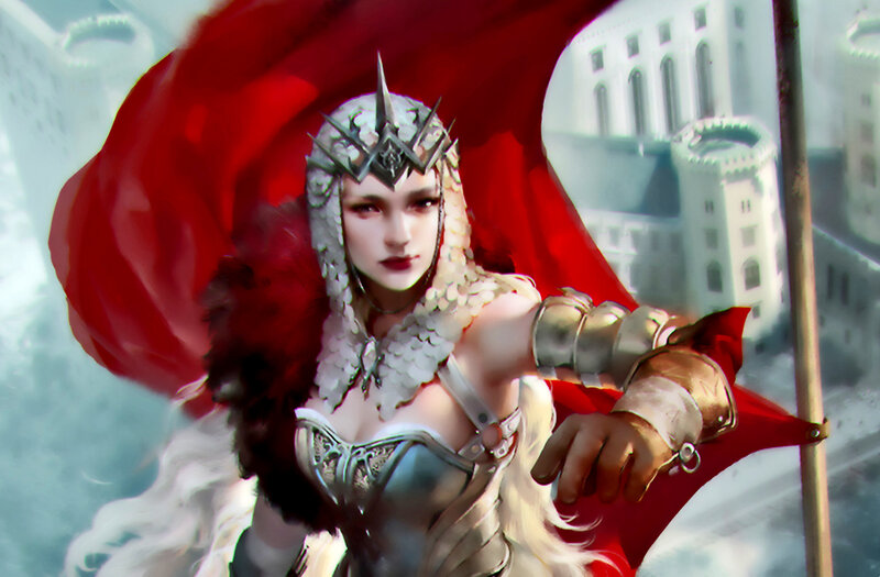 Female Warrior with Red Cape — Dramatic, Digital Art, Castle, Armor