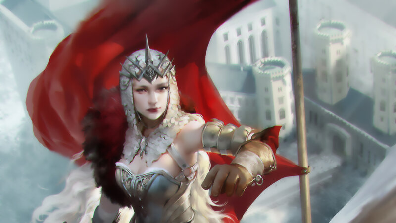 Female Warrior with Red Cape — Dramatic, Digital Art, Castle