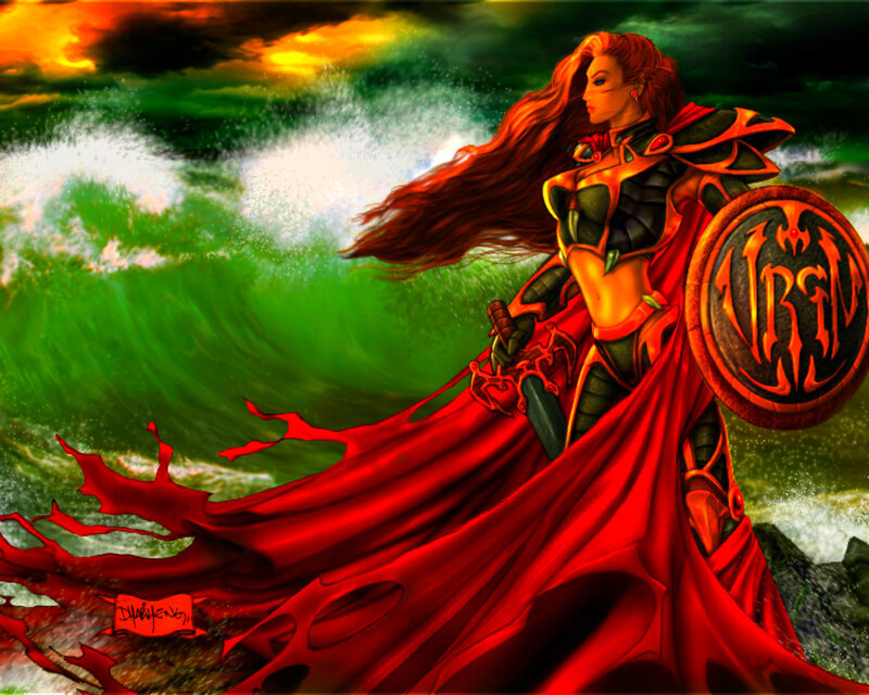 Female Warrior with Red Cape — Dramatic, Sunset