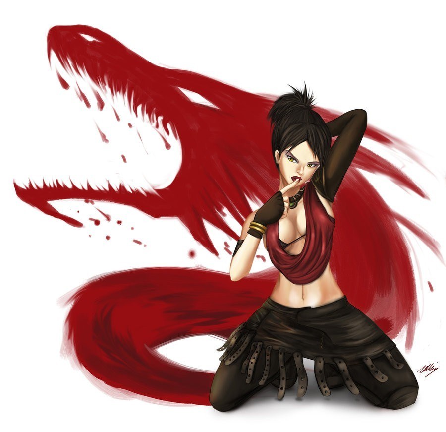 female warrior with red dragon