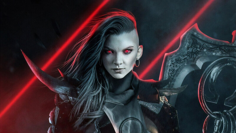 Female Warrior with Red Eyes — Black, Dramatic, Night