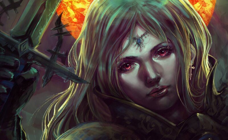 Female Warrior with Red Eyes — Green, Dramatic