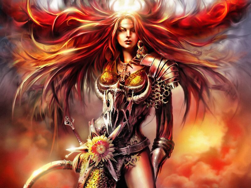 Female Warrior with Red Hair — Dramatic, Digital Art, Armor, Skull, Sword