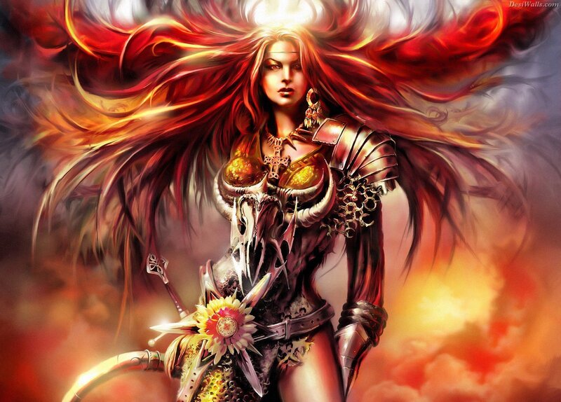 Female Warrior with Red Hair — Dramatic, Digital Art, Armor, Skull